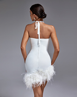 Ocstrade Robes de cocktail blanches sexy Robe de soirée Robe de pansement Moulante Plumes d'autruche blanches Mini robe à licou en diamant