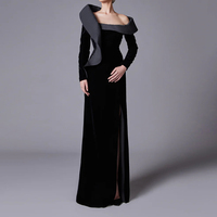 ZHYT 73465 une épaule Satin asymétrique épaule à manches longues noir soirée haute fente Maxi parole longueur fête robe de bal
