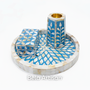 Juego de quemador Bakhoor con incrustaciones de hojas azules hechas a mano, bandeja redonda con cuenco de latón y caja de almacenamiento para una decoración elegante con fragancia para el hogar - Product Image 1