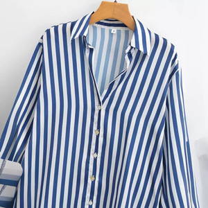 Camicie Casual da <span class=keywords><strong>donna</strong></span> con colletto <span class=keywords><strong>a</strong></span> <span class=keywords><strong>righe</strong></span> <span class=keywords><strong>a</strong></span> maniche lunghe con stampa blu <span class=keywords><strong>e</strong></span> bianco - Product Image 3