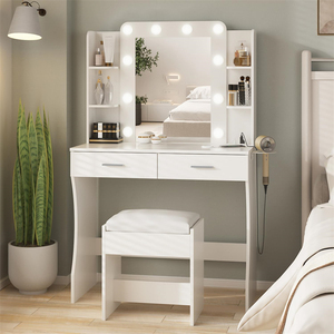 Table de maquillage moderne personnalisée en bois blanc avec miroir éclairé réglable, multifonctionnelle pour manucure, idéale pour salle à manger <span class=keywords><strong>et</strong></span> salon - Product Image 3