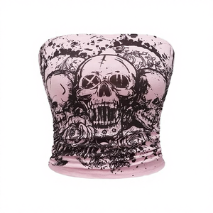 <b>Heat</b>-Transfer Printed Breathable Crocheted Jersey Short Heavy Drop Shoulder Strapless Bandeau T-Shirt - Product Image 4