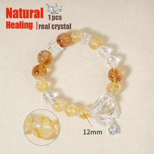 Comporre se stessi 12mm perline di quarzo chiaro naturale giallo incollato braccialetto di cristallo fiore con fascino pera gioielli in pietra curativa - Product Image 4