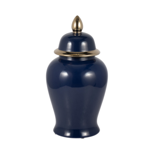 Vaso in ceramica con coperchio, finitura blu navy lucida, per decorazioni per la casa - Product Image 1