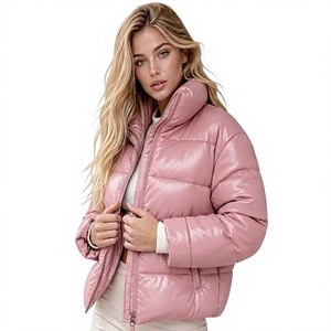 <b>Pink</b> Puffer <b>Jacket</b> Women Stand Collar Zipper Closure Winter Casual Coat Thick Polyester Wadding Short Length Windproof Design - Product Image 1