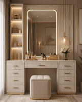 Table de maquillage moderne de luxe avec miroir arqué LED, bureau de coiffeuse personnalisé pour chambre à coucher avec tiroirs de rangement et armoire en verre