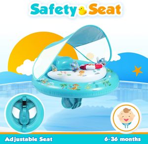Flotteur de piscine pour bébé sur le thème du dinosaure bleu sarcelle avec auvent solaire amovible UPF50+ et siège de sécurité réglable - Product Image 4