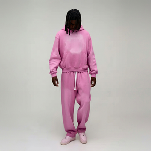 Unisex <b>Pink</b> Cotton Tracksuit Hooded Full Sleeve Solid Color Casual Loose Fit Drawstring Waist Autumn Wear Adults - Product Image 1