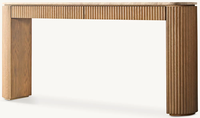 Table console en chêne cannelé de style moderne et organique avec plateau en pierre naturelle, table d'entrée ou de canapé pour hôtel de charme, hall d'entrée ou salon