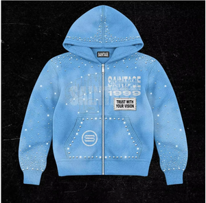 Custom Apparel Manufacturer 100% Cotton Cut & Embroidered Hot-fix Rhinestone Graphic Print Square-<b>zip</b> <b>Hooded</b> Sweatshirt - Product Image 1