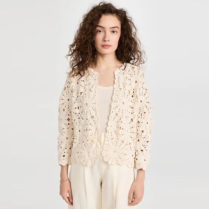 2023 wool mohair beige hand-crocheted rose sweater cardigan sweater