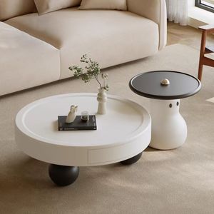 Cream Colored Round Coffee <b>Table</b> Resin Top Modern Minimalist Design <b>Small</b> Living Room Use - Product Image 3