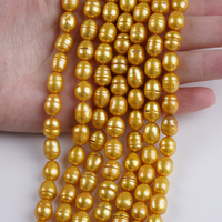 Perles de culture d'eau douce naturelles en forme de riz, couleur or, 18 cm, 6-7 mm, 8-9 mm, pour la fabrication de bijoux (vente en gros)