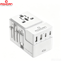 Adaptateur de voyage Foxcan FC-T45C GaN 2400W QC3.0 avec 2 ports USB-A + 3 ports USB-C, câble USB-C rétractable, compatible avec les ordinateurs portables, les écouteurs et autres appareils