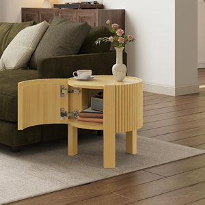 Modern <b>Round</b> Fluted <b>Side</b> <b>Table</b> with Storage for Living Room Rubber Solid Wood Soft-close Door Adjustable Height - Product Image 3