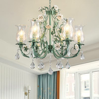 Lustre en fer forgé avec branches et cristaux verts, style pastoral méditerranéen, européen et coréen, pour salon et salle à manger, Meiyuan
