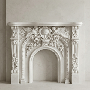 Mantel de Chimenea de Mármol Blanco de Lujo, Tallado a Mano en Piedra Natural con Ángel y Rosa, para Uso en Interiores, Diseño Personalizable, Independiente - Product Image 1