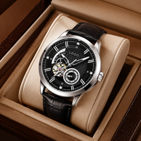 Montre mécanique lumineuse avec fermoir à boucle ardillon, boîtier en alliage, bracelet en cuir véritable, étanche 30M, design de luxe et tendance pour