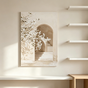 Stampa su Tela Wabi-Sabi con Fiori di Ciliegio in Tonalità Neutre, Arte Astratta con Arco, Quadro Decorativo Moderno Beige - Product Image 1