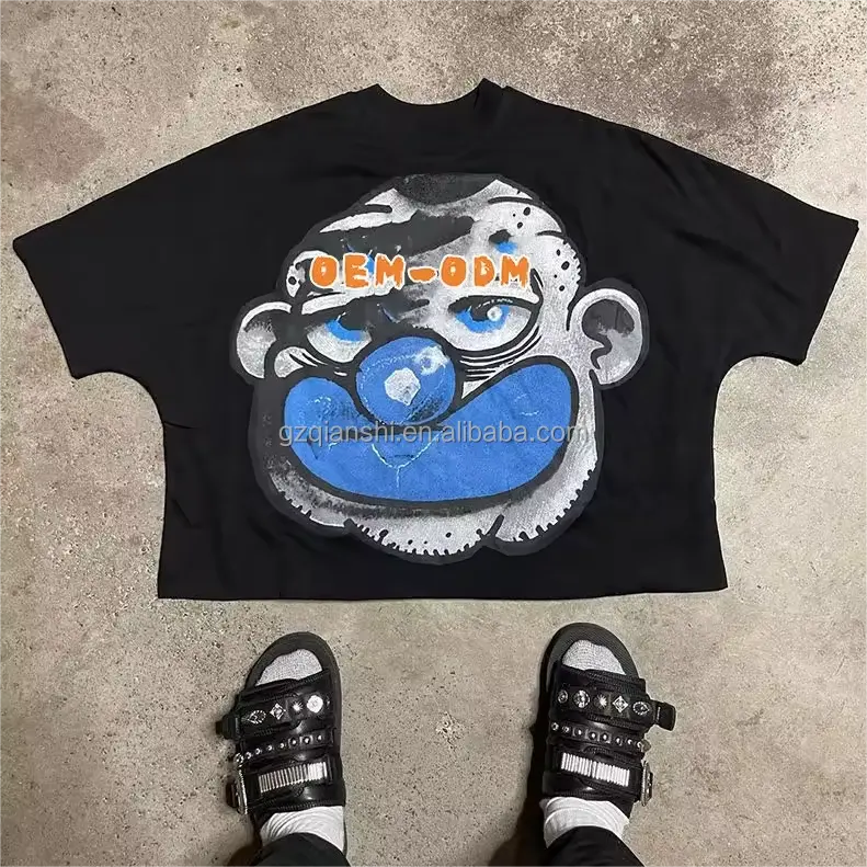 Camiseta cortada com estampa dtg 260 gsm preta, camiseta boxy para homens, camiseta gráfica pesada para uso na rua, fabricante de camisetas