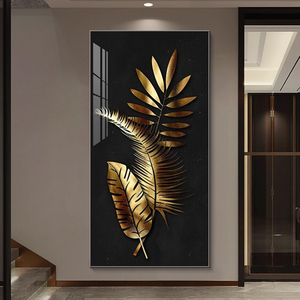 Art mural abstrait nordique de grande taille avec feuille dorée et fleur, image moderne de luxe, <span class=keywords><strong>cadre</strong></span> en papier MDF et alliage d'aluminium, décoration de salon - Product Image 2