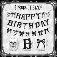 Décorations de fête d'anniversaire gothiques noires avec nœud, bannière Joyeux Anniversaire, guirlande Crâne et Squelette pour fête gothique et Halloween effrayant