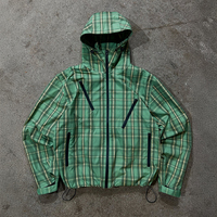 Jaket Windbreaker Berkerudung Motif Kotak-kotak Plaid Logo Kustom Tahan Air dengan Banyak Kantong Resleting untuk Hiking Outdoor dan Streetwear