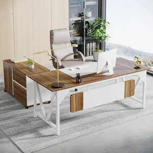 Moderne Mdf Houten Executive Ceo Baas Tafel L-Vormig Bureau Met Beweegbare Ladekast Voor Commercieel Kantoormeubilair