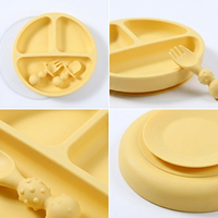 Ensemble de vaisselle pour enfants en silicone écologique sans BPA, avec assiette à compartiments, bol, cuillère, fourchette, bavoir et ustensiles, motif animaux mignons, logo personnalisé