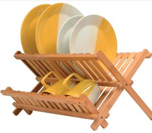 Escurridor de Platos Plegable de Bambú Ecológico de Dos Niveles, Tipo Vertical, con Soporte para Utensilios de Cocina - Product Image 1