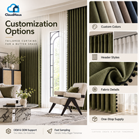 Rideaux sur mesure vert olive foncé avec pompons, occultants et voilages superposés pour fenêtre en arc moderne, salon, intérieur