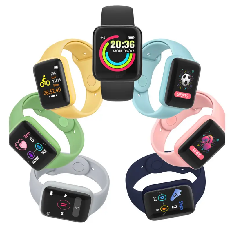 2021 New Bluetooth Sport Heart Rate Blood Pressure Message Reminder Women Smart Watch D20 Y68 Macaron Smart Bracelet