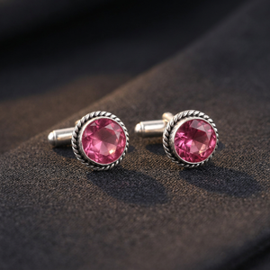Ensemble de boutons de manchette élégants faits à la main par un designer, sertis de pierres précieuses en tourmaline rose, en argent sterling 925 plaqué, pour hommes et femmes - Product Image 1