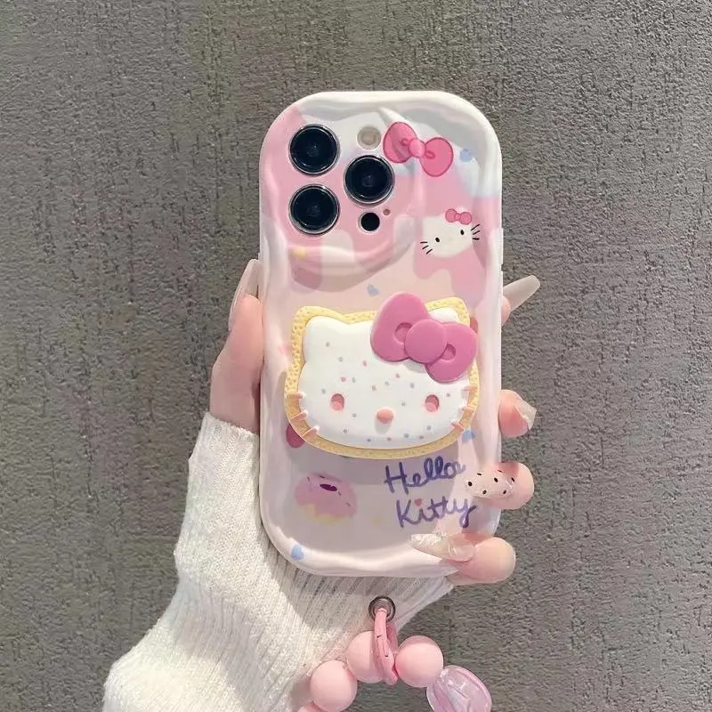 新しいスタイルの女の子のアイスクリーム3Dハローかわいいキティ漫画携帯電話ケースiPhone 12 13 14 Pro Max用ブラケットブレスレット付き