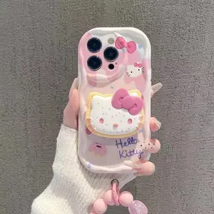 新款女孩冰淇淋3D凯蒂猫卡通手机套带支架手链适用于iPhone 12 13 14 Pro Max