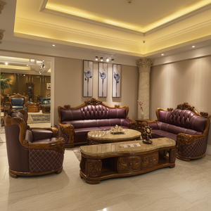 Ensemble de canapés sectionnels en cuir avec cadre en bois massif sculpté à la main de style européen de luxe pour hôtel, appartement, salon, usage commercial - Product Image 2