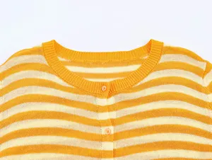 <strong>Orange</strong> Color Crew Neck Button up Striped Pattern Knitted Casual Fashion Sweater <strong>Cardigan</strong> for <strong>Women</strong> - Product Image 3