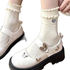 Women Mid-Calf Cotton <b>Socks</b> With Heart Embroidery And Bubble Trim <b>Grey</b> White Black Spring Summer Breathable Sweat Absorbing - Product Image 4