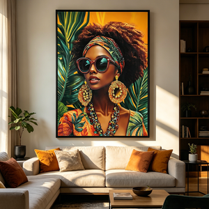 <span class=keywords><strong>Tableau</strong></span> mural en cristal <span class=keywords><strong>Femme</strong></span> africaine tropicale, <span class=keywords><strong>Peinture</strong></span> diamantée avec lunettes de soleil scintillantes et boucles d'oreilles dorées pour la décoration du salon - Product Image 1