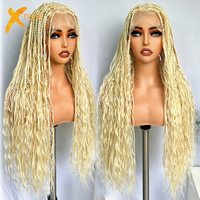 Perruques Tressées Pleine Dentelle Bohème 32 Pouces Ombre Bordeaux, Tresses Carrées Faites à la Main avec Boucles Boho