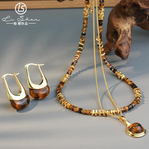 Conjunto de Joyería Vintage con Collar y Aretes de Piedra Natural, Collar de Cuentas de Ojo de Tigre Marrón de Acero Inoxidable para Mujer - Product Image 1