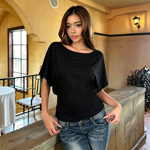 Camiseta de Verano para Mujer, Estilo Gótico Oscuro, con Cuentas, sin Espalda, Manga Corta, Ecológica, para Fiesta, Sexy, con Hombros Descubiertos, Holgada - Product Image 2