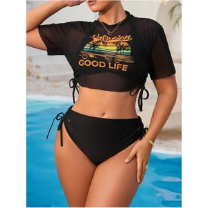 Women's Plus Size 3 Piece <b>Bikini</b> Set With Crop Top Halter <b>String</b> Swimwear Beachwear Spandex Polyester Digital Print - Product Image 5