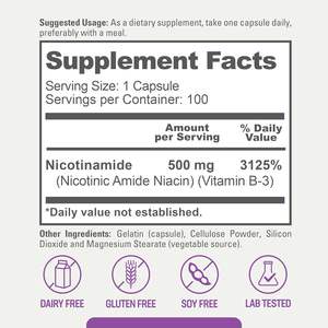 Capsules de nicotinamide OEM soutient le métabolisme énergétique cellulaire Vieillissement de la peau <span class=keywords><strong>Niacinamide</strong></span> 500mg Vitamine B3 Supplément de niacine - Product Image 3