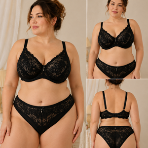 Ensemble de lingerie en maille deux pièces pour femmes, soutien-gorge en dentelle florale avec détails de bretelles croisées et culotte taille haute - Product Image 5