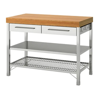 Table de travail robuste à trois niveaux avec surface en bambou, cadre en acier inoxydable, plateau en bambou