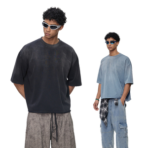T-shirt vintage délavé uni à manches courtes, coupe ample unisexe en coton peigné respirant pour homme - Product Image 3