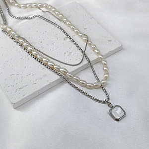 yunnique Faux Pearl Beaded Square Pendant Three Layer Necklace <b>Titanium</b> Steel Clavicle <b>Chain</b> For Men And Women Geometric Design - Product Image 2