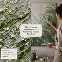 Peinture à l'huile abstraite en acrylique impasto, appliquée à la main, en grès vert, texture 3D, biophilique, Wabi-Sabi, pour entrée, sur toile murale