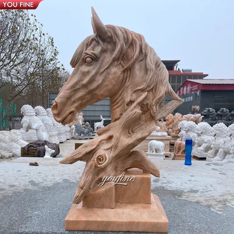 Pedra de mármore granito animal estátua pôr do sol cabeça do cavalo vermelho escultura
